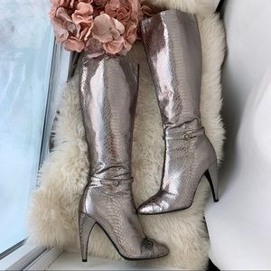 SAM EDELMAN SILVER SNAKE SKIN KNEE HIGH BOOTS